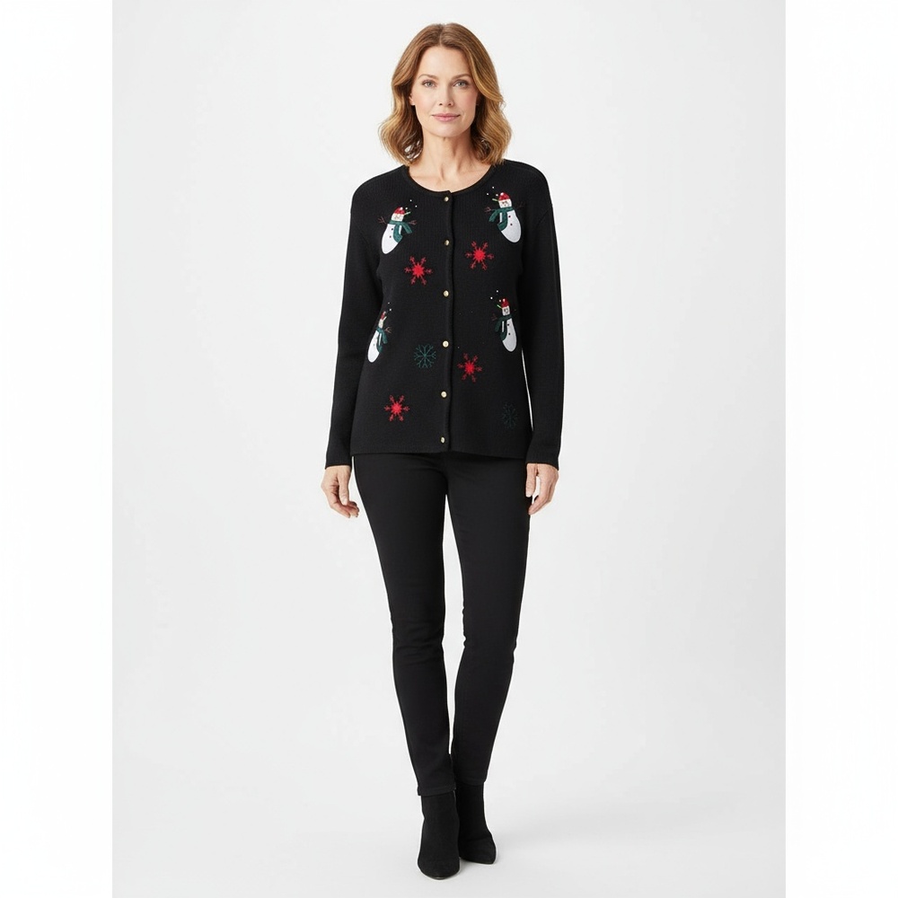 Vintage Holiday Cardigan Size L Black Christmas Snowman Button Front Festive